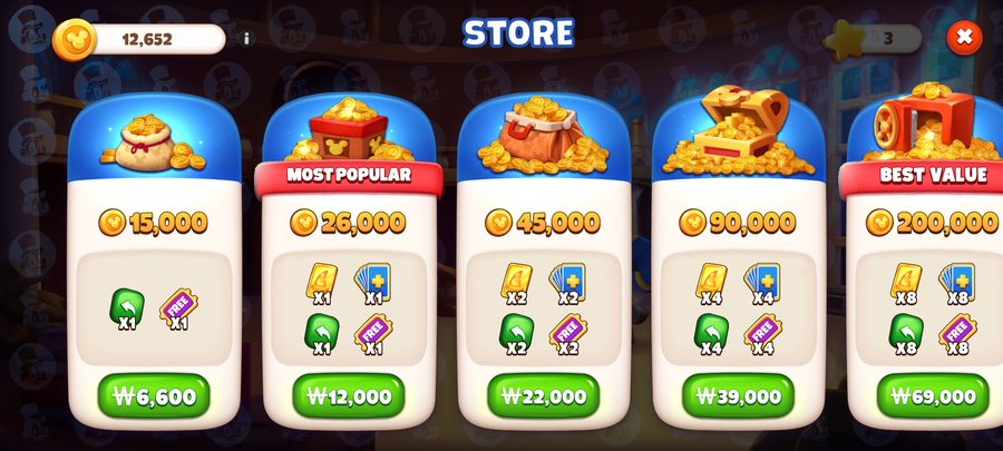 Disney Solitaire 실제 상점 화면 — 코인+되돌리기+무료힌트 구매창