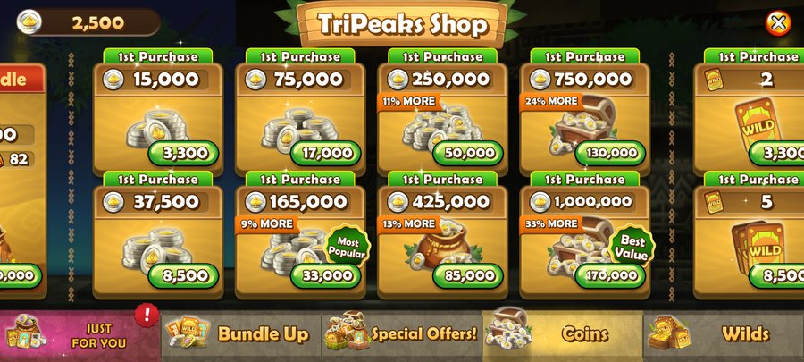 Tiki Solitaire TriPeaks 실제 상점 화면 2 — 코인 단품 탭, 첫구매 보너스 가격